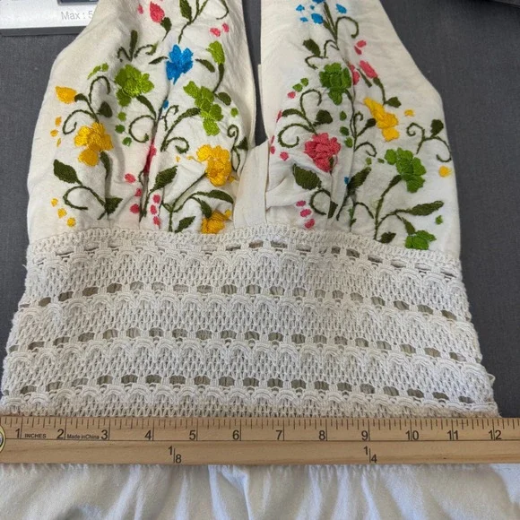 Women Dress S Cream Boho Floral Midi Crochet Handkerchief Hem Festival Cottage - Picture 8 of 10